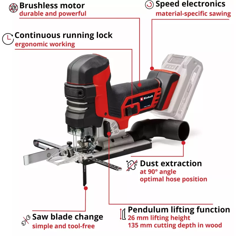 Professionelle Akku-Stichsäge TP-JST 18/135 Li BL - Solo, 18 Volt (Rot/Schwarz, ohne Akku und Ladegerät)