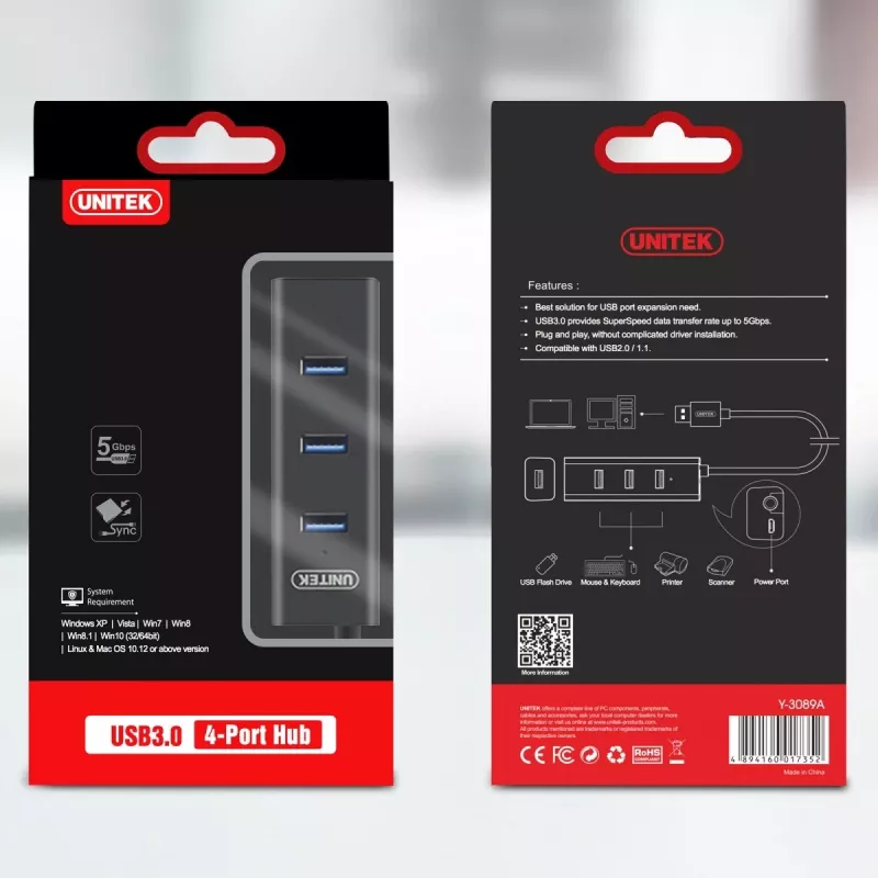 UNITEK Y-3089 Interface Hub USB 3.2 Gen 1 (3.1 Gen 1) Type-A 5000 Mbit/s Schwarz