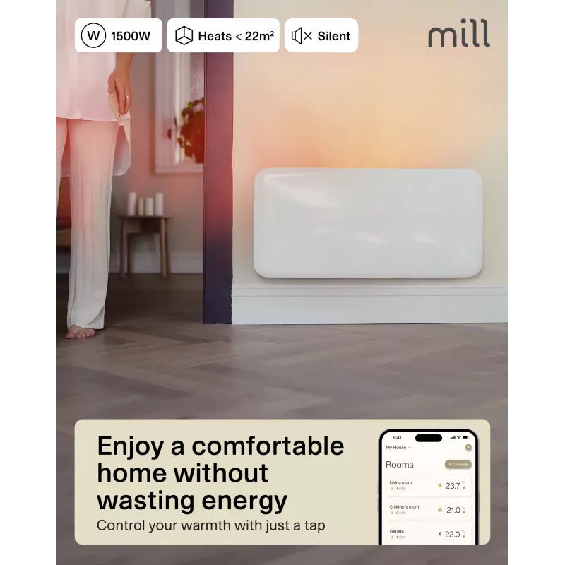 Mill WiFi Panel Heater | PA1500WIFI4A | Panel Heater | 1500 W | Geeignet für Räume bis 22 m² | Weiß | IPX4