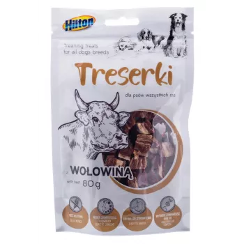 Hundetrainingsleckerlis Hilton Treaning treats Beef 80 g — weiche, bissgerechte Rindfleisch-Snacks, Eiweiß 42%, Feuchtigkeit 18%