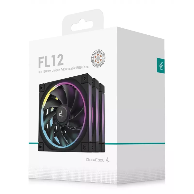 120-mm-PC-Lüfter DeepCool FL12 3-in-1 Schwarz, 120×25 mm, 2150 U/min, Fluid Dynamic Bearing, PWM, 55 CFM, 32 dB, 3er-Pack