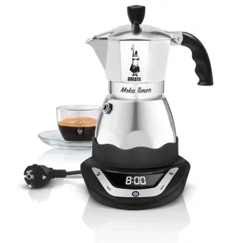 Elektrischer Mokkakocher BIALETTI 3 Tassen Moka Timer, programmierbares LED-Display, Aluminiumgehäuse, Kannenreservoir