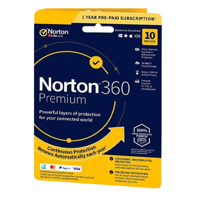 Norton 360 Premium | 10 Geräte | 1 Jahr | 75 GB Cloud-Speicher | EU | NON SUB |