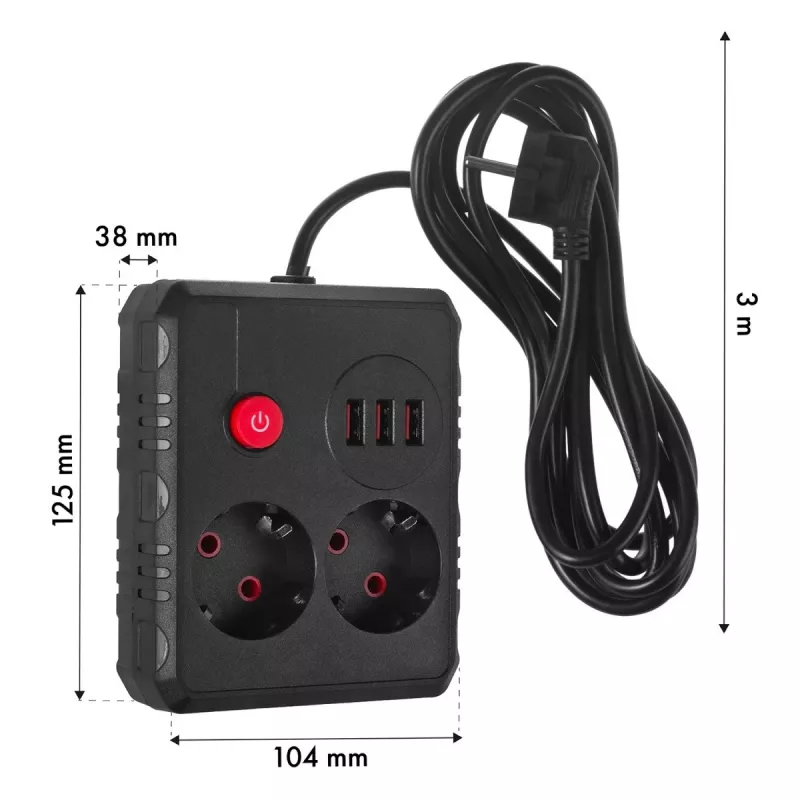 Steckdosenleiste MACLEAN MCE388 B — 2 AC-Steckdosen, 3×USB A, 110–120 V 50/60 Hz, 2500 W, 3 m Kabel, schwarz