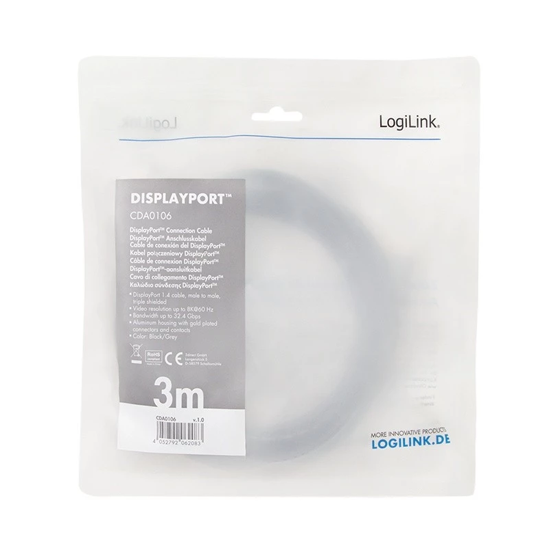 LogiLink CDA0106 DisplayPort-Kabel Schwarz Grau 3 M