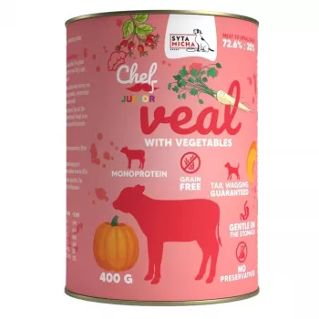 Nassfutter für Hunde SYTA MICHA Chef Kalb mit Gemüse Junior 400 g, Alleinfuttermittel, Protein 12,6%, Feuchtigkeit 78,4%