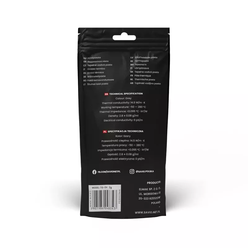 Wärmeleitpaste SAVIO TG-04 2g – hochleistungsfähige CPU/GPU-Wärmeleitpaste, Dichte 2,81 g/cm³, grau, 2 g