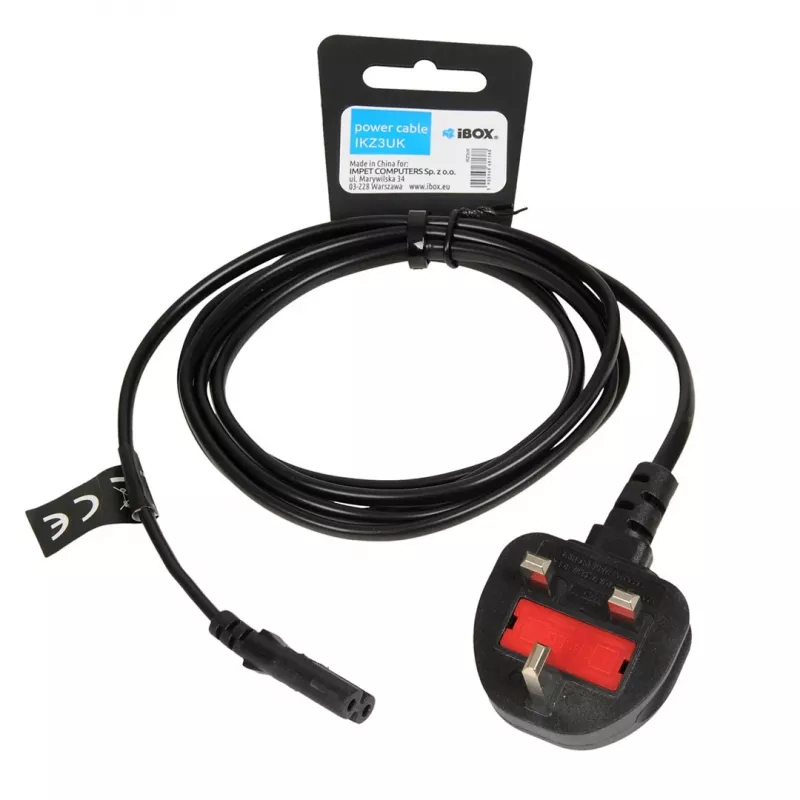 IBOX Netzkabel Euro 2-polig 1,8 m mit UK-Stecker VDE, IEC C7, schwarz, Kupferleiter