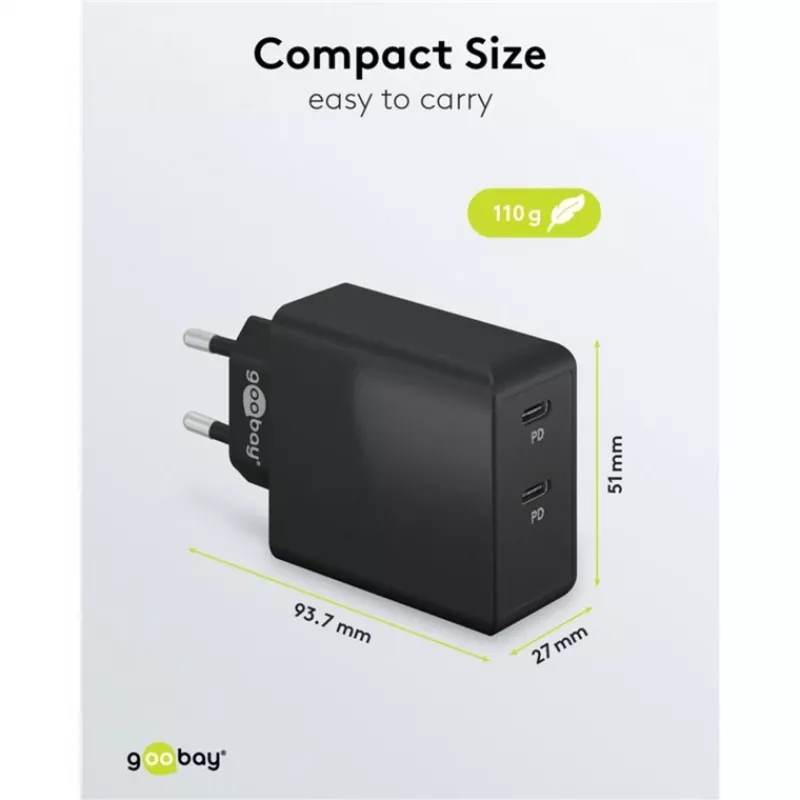 Indoor-Ladegerät Goobay 61757 Schnellladung USB Type-C 2 Ports Schwarz