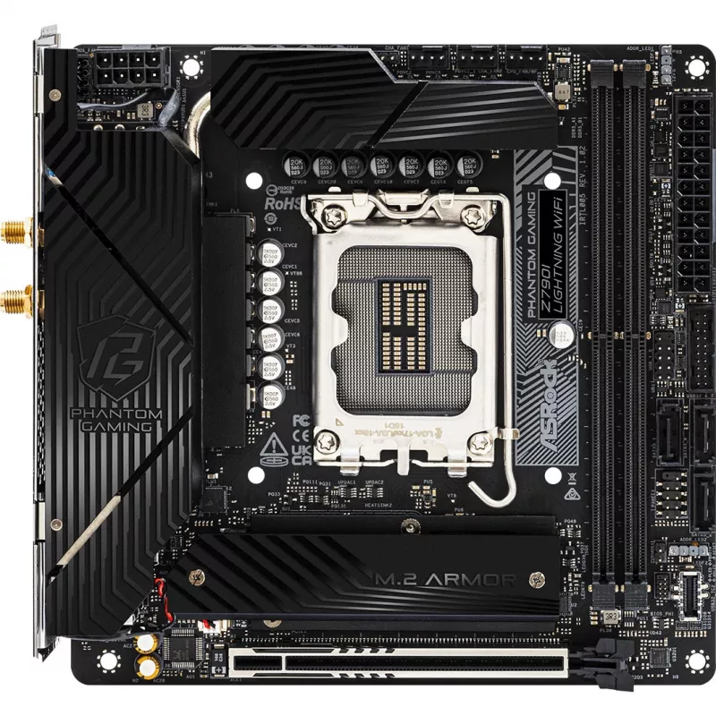 Mainboard ASRock Z790I LIGHTNING WIFI — Intel Z790, LGA 1700, Mini-ITX, DDR5 bis 8600 MHz, 2x DIMM, Wi‑Fi 6E, 2.5Gb LAN, 2x M.2