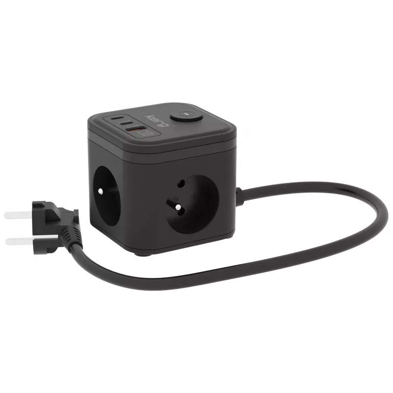 Mehrfachsteckdose Kerg SMART – 3 AC-Steckdosen Typ F mit 3 USB (2×A + 1×C), 1,5 m Kabel, 16 A 230 V, schwarz