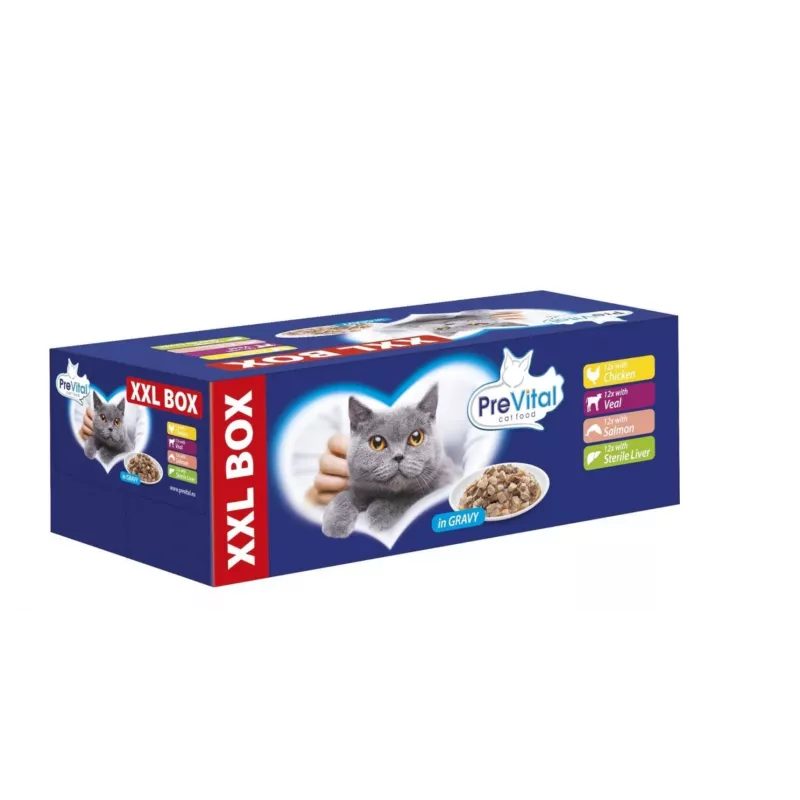 PREVITAL XXL BOX Geschmacksmix mit Huhn, Kalb, Lachs und Leber in Soße - Nassfutter für Katzen - 48 x 100g