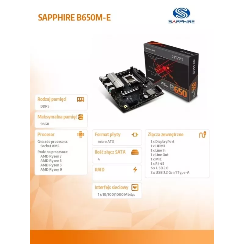 Motherboard Sapphire B650M-E (AMD B650) micro ATX, Sockel AM5, DDR5, 2x DIMM, 96GB, 2x M.2 (PCIe5/4), 4x SATA III, 2,5Gb LAN