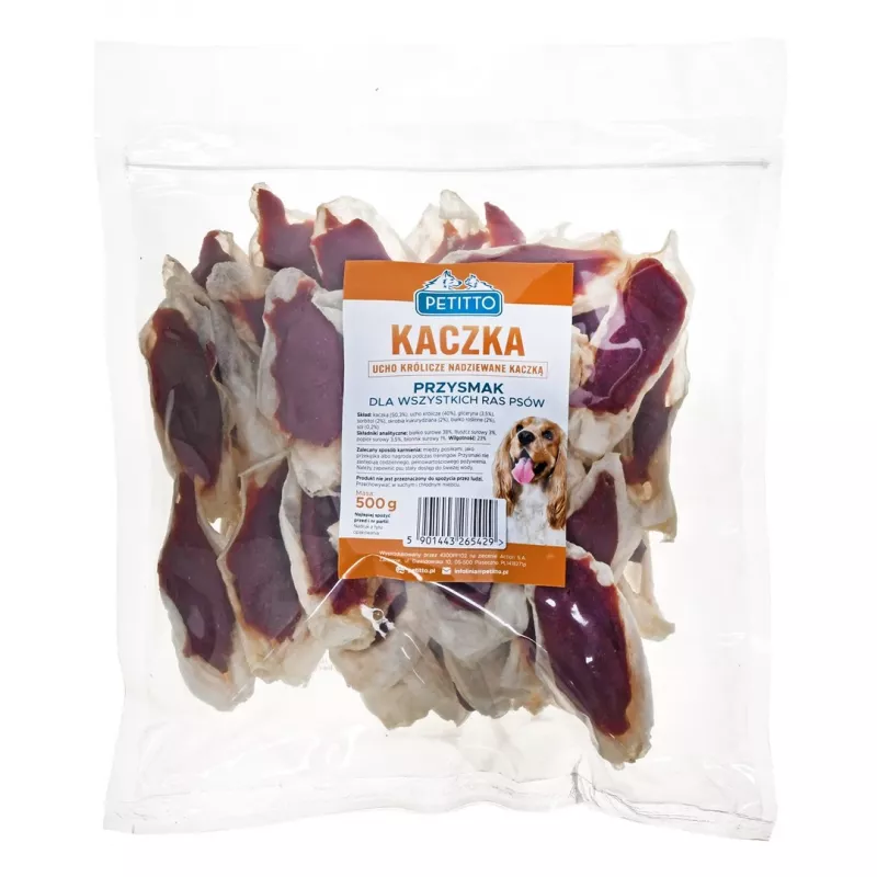 Hundesnacks PETITTO Kaninchenohr gefüllt mit Ente 500 g — hypoallergenes Einkomponenten-Kausnack