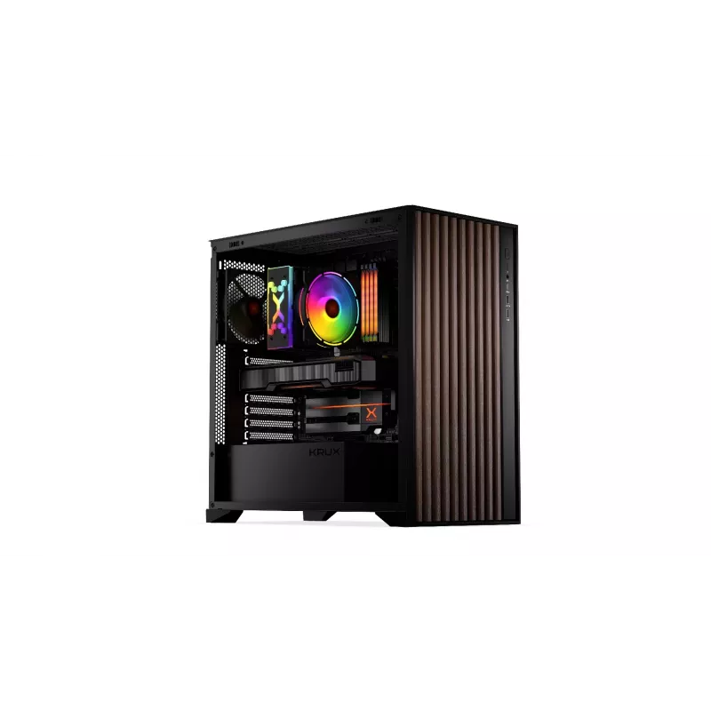 Computergehäuse KRUX Palum KRXD008 ATX Schwarz — 2x 3,5-Zoll-Schächte, 2x 2,5-Zoll-Schächte, 2x 120-mm-Lüfter, GPU bis zu 39,5 cm
