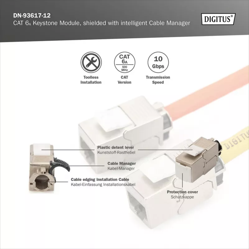 Keystone-Modul DIGITUS CAT 6A geschirmt mit intelligentem Kabelmanager, flach RJ-45, 14,5×34,5×21 mm – 12 Stk.