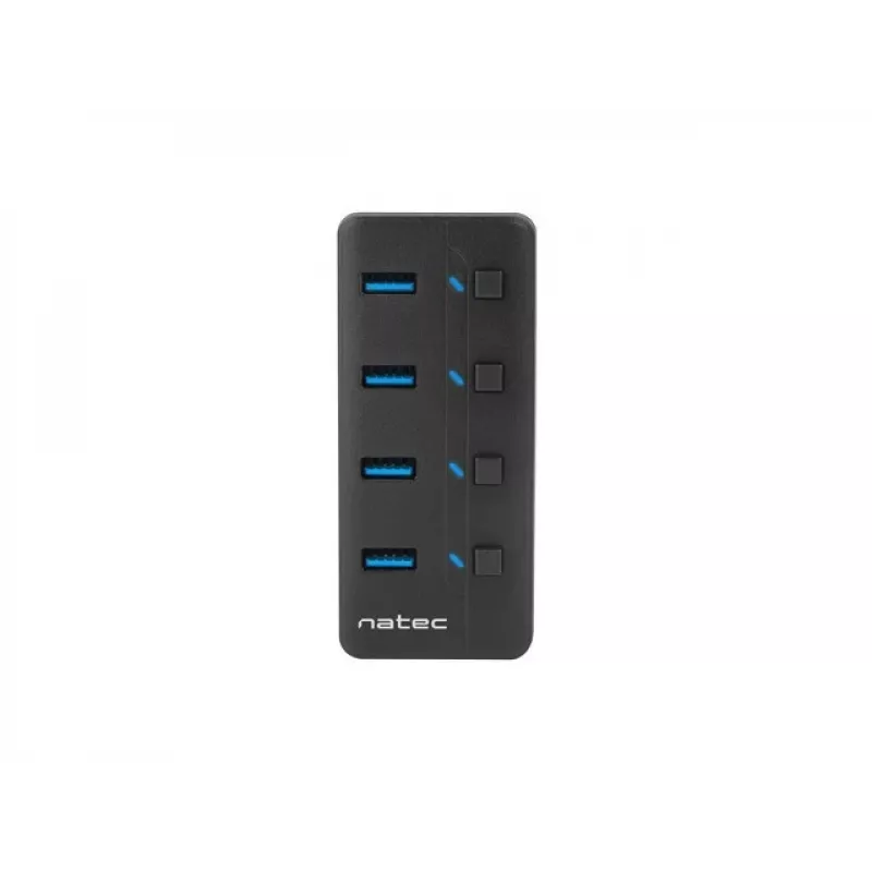 USB-Hub NATEC MANTIS USB 2.0 Type-B — 4x USB 3.2 Gen 1 Type-A Anschlüsse, schwarz, 0,8 m Kabel, Netzteil, Netzschalter
