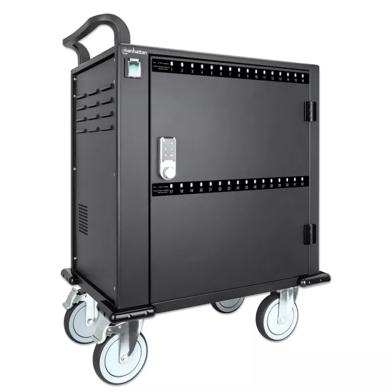 Manhattan iPad bis 13 Zoll, MacBook Air bis 13 Zoll & Chromebook bis 14 Zoll 32-Fach Lade-Wagen/Trolley über USB-C, Auch andere Tablets/Smartphones (mit Gerät-zu-USB-C-Kabel), Fächer 330x22x235 mm, Geräteladekabel nicht enthalten (empfohlen USB-C-Kabel 35