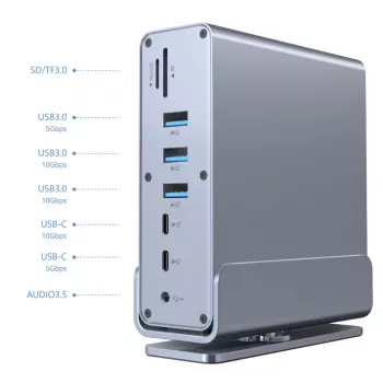 Gembird 15-in-1 USB Type-C Multiport-Adapter A-CF-COMBO15-01 — USB 3.2 Gen 2, 4× Type-C, 2× HDMI, DisplayPort, PD 3.0, SD-Kartenleser, Gigabit-LAN, 3,5 mm Audio, grau