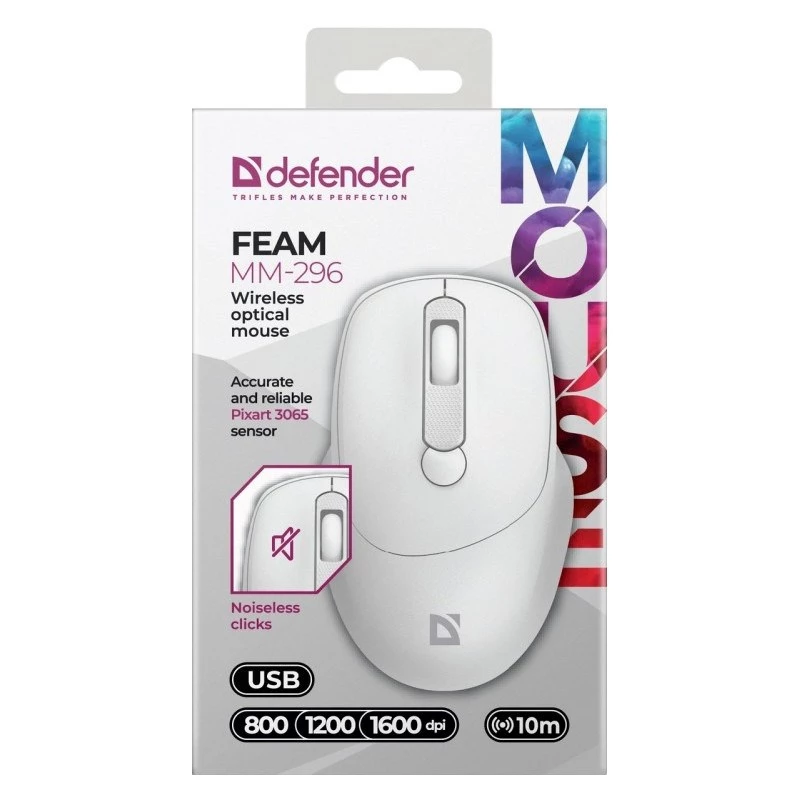 Kabellose Maus DEFENDER 52297 Silent Click – beidhändig, 2,4 GHz Nano-USB, 1600 DPI, weiß