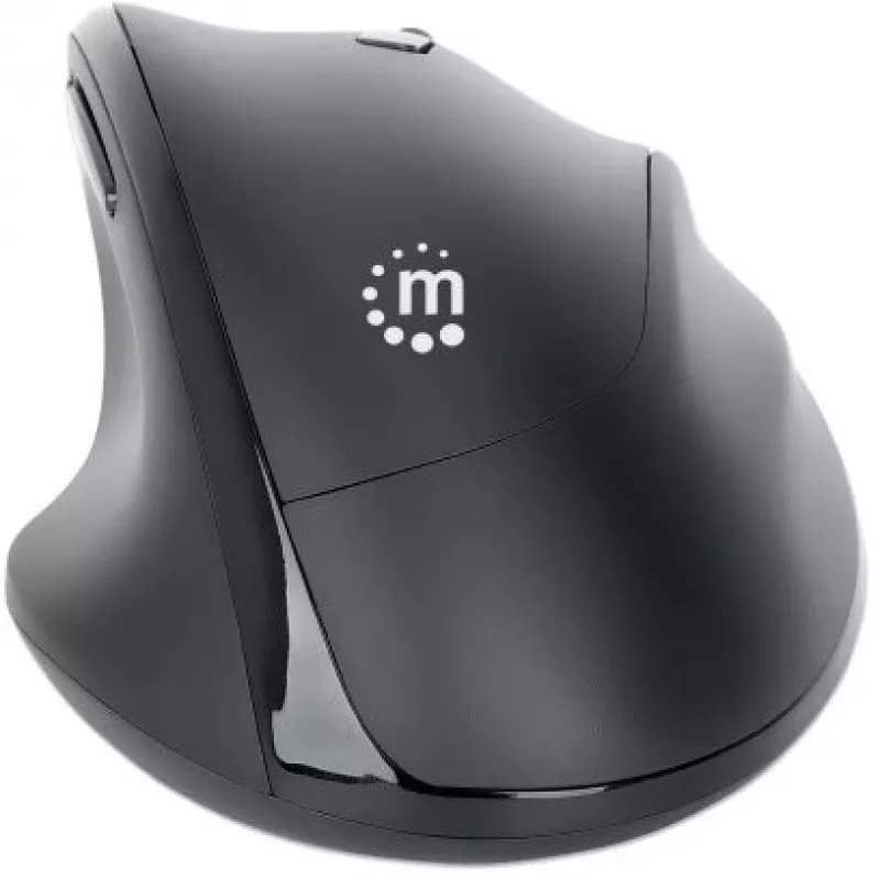 Manhattan Ergonomische kabellose Maus, rechtshändig, einstellbare 800/1200/1600 dpi, 2,4 GHz (bis zu 10 m), sechs Tasten mit Scrollrad, Combo-USB-A- und USB-C-Empfänger, Schwarz, AA-Batterie (enthalten), drei Jahre Garantie