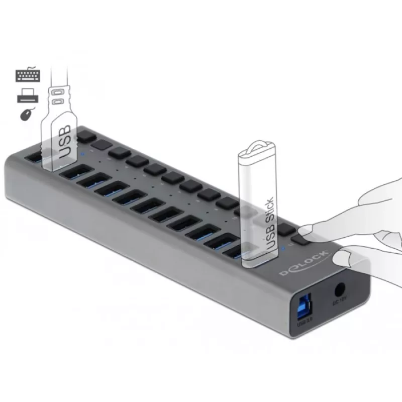 DeLOCK Externer USB 5 Gbit/s Hub mit 13 Ports + Schalter, USB 3.2 Gen 1 (3.1 Gen 1) Type-B, USB 3.2 Gen 1 (3.1 Gen 1) Type-A, 5000 Mbit/s, Grau, Aluminium, 1 m