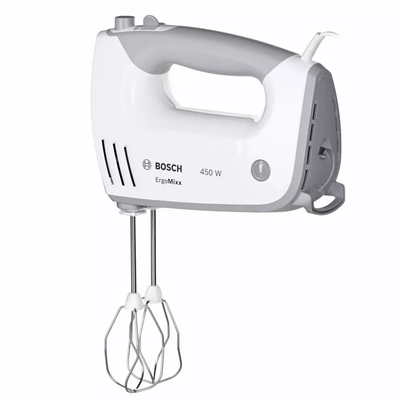 Handmixer Bosch MFQ36480 – 450 W, 5-Gang mit Turbo, grau/weiß, Rührbesen und Knethaken