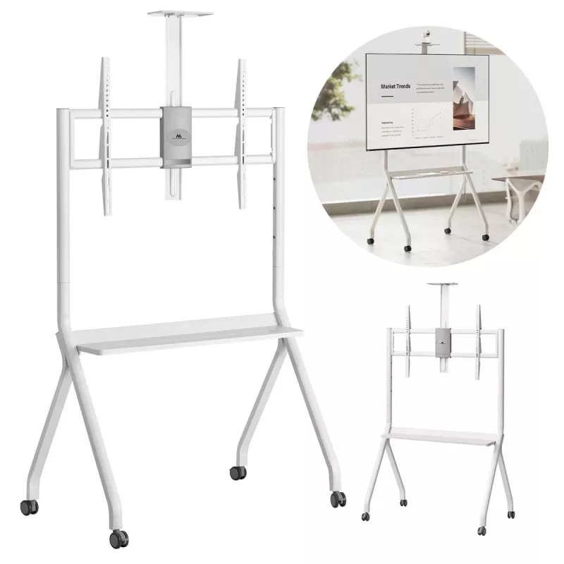 Boden-TV-Ständer MACLEAN MC-114 W für Displays 55 Zoll–100 Zoll, weiß, VESA bis zu 900x600, maximale Belastung 120 kg, Höhe 115–152 cm, Ablage