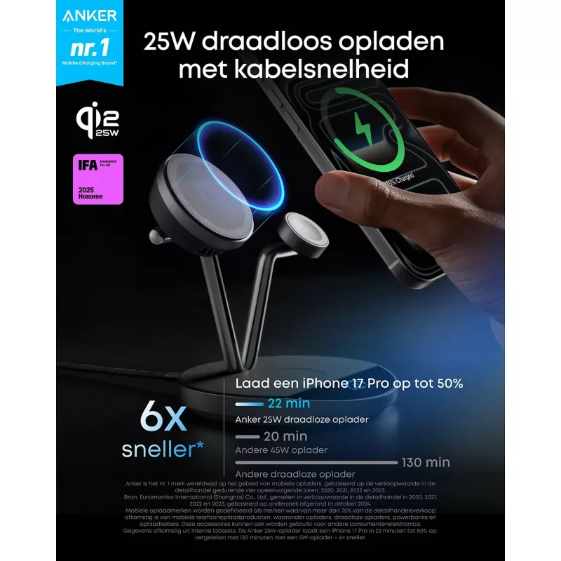 Anker Prime Wireless Charging Station Qi2.2 25W kabelloses Laden (3-in-1, MagGo, AirCool, Dock Stand) inkl. Netzteil
