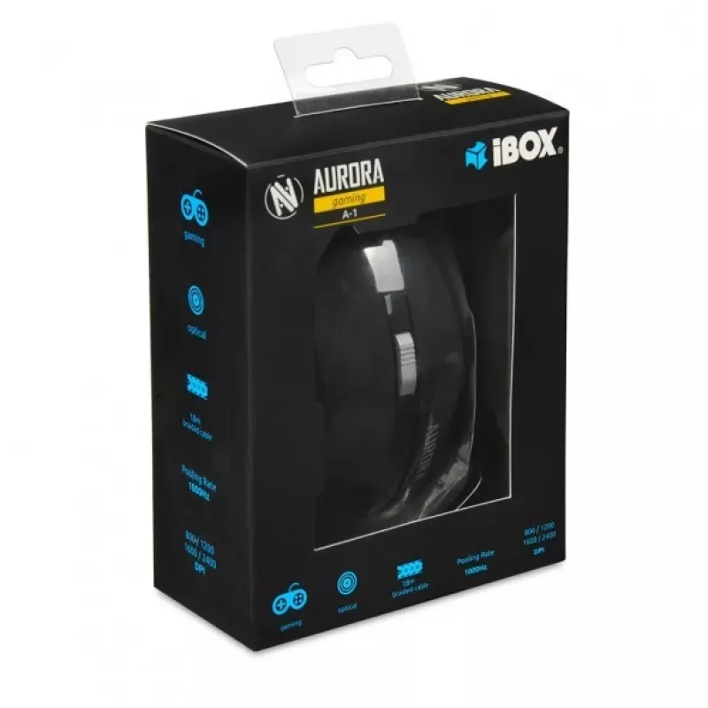 Kabelgebundene optische Maus IBOX Aurora A-1 — rechtshändig, 6 Tasten, 2400 DPI, USB Typ-A, LED-Beleuchtung, 1,8 m Kabel