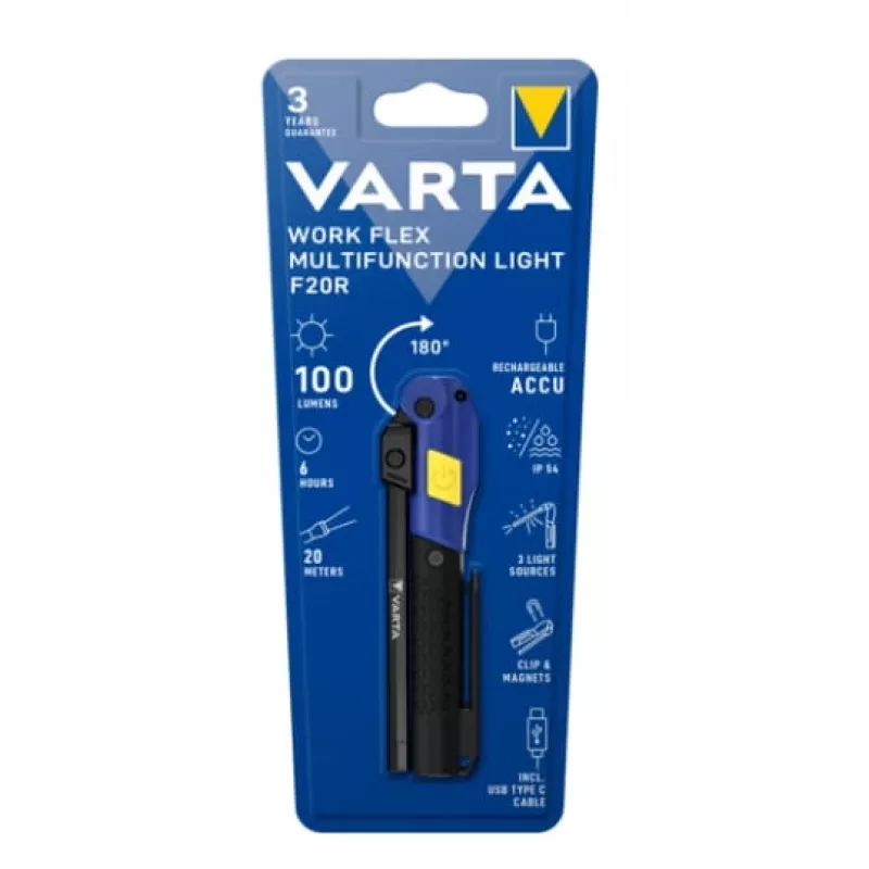 Hand-Arbeitsleuchte Varta Work Flex Schwarz LED, 100 lm, eingebauter Akku, 6 h, Aluminium/Nylon/PC/Gummi, 120 mm