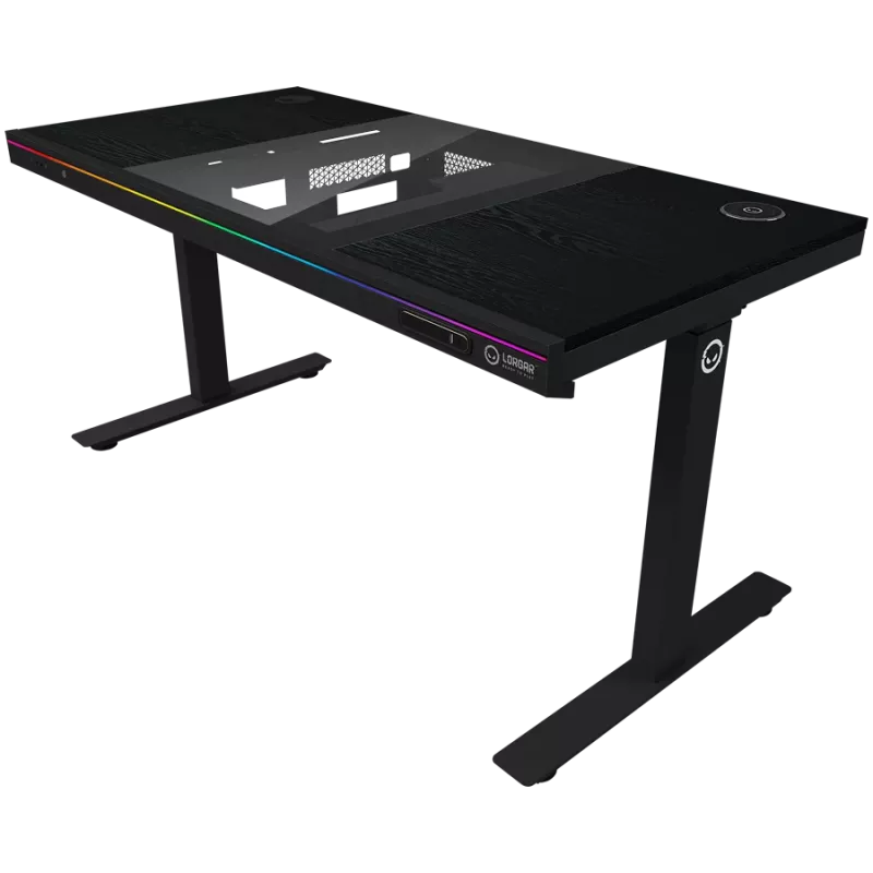Dual-Motor-Sitz-/Steh-Höhenverstellbarer Gaming-Tisch mit integriertem PC-Gehäuse, kabellosem Ladegerät, RGB-Beleuchtung, Bedienfeld und USB-Anschlüssen, PB-Melamin-Tischplatte, schwarz