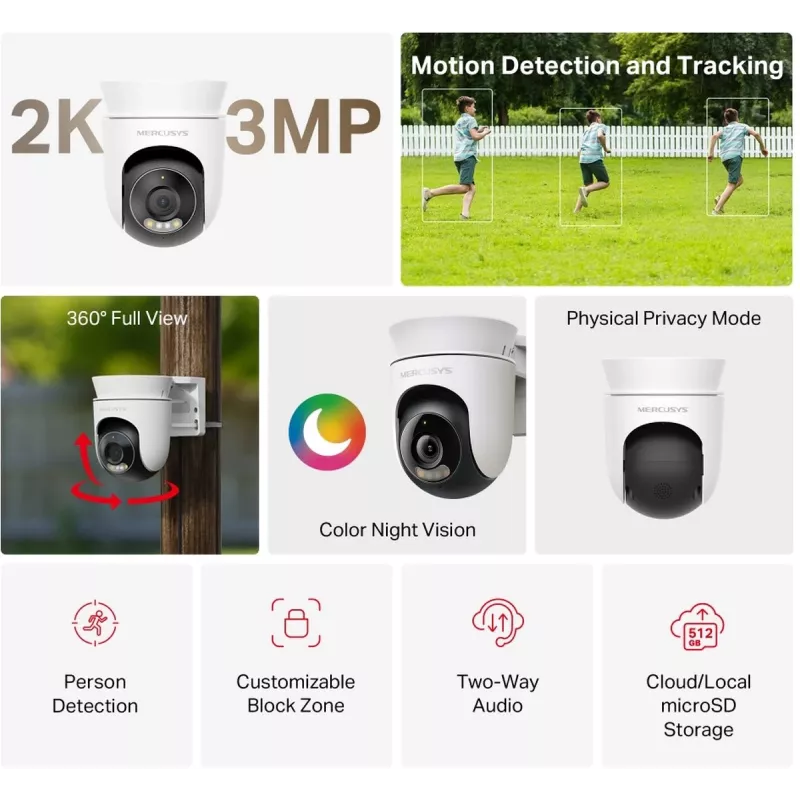 IP-Sicherheitskamera MERCUSYS MC510 Dome 2 MP, 2304×1296, 30 fps, WLAN & Ethernet, IR-Nachtsicht, Deckenmontage, weiß