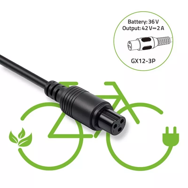 E-Bike-Ladegerät QOLTEC 36V–42V 2A mit GX12 3-Pin-Stecker
