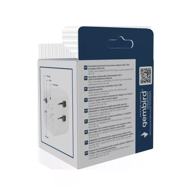 Reise-Netzteil GEMBIRD TPA-EU1A1C20-01-W 20W, USB-A 18W + USB-C 20W, Schuko-Steckdose, Eingang 100–250 V