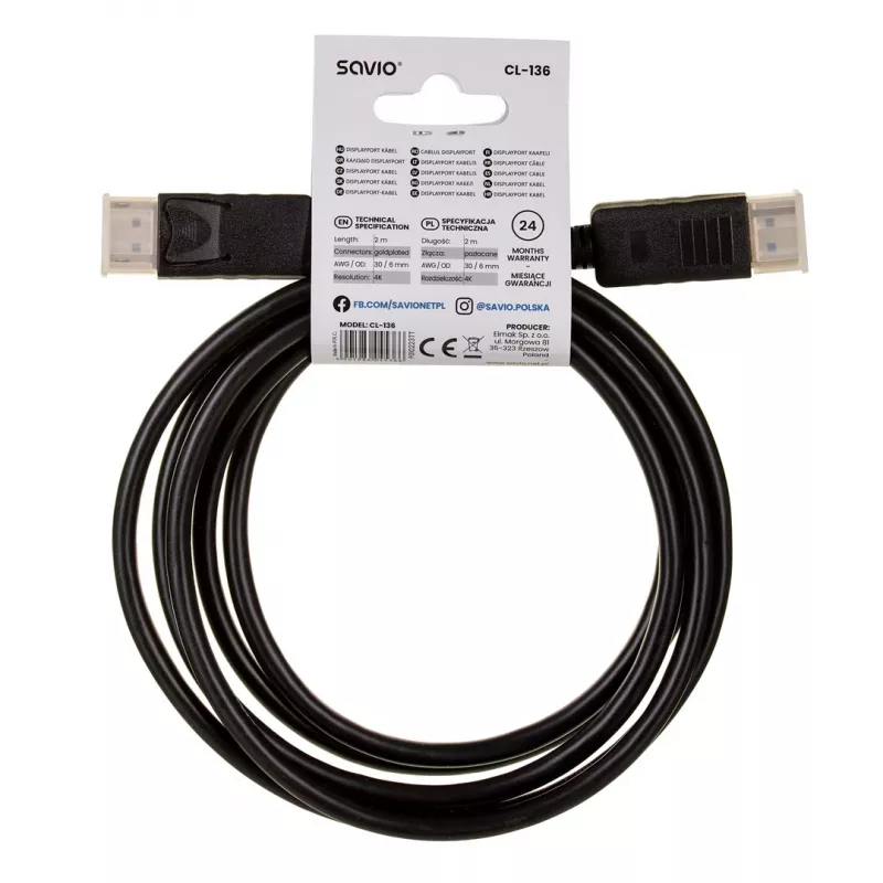 DisplayPort-Kabel SAVIO CL-136, DisplayPort Stecker–Stecker, 2 m, DP 1.2, vergoldete Kontakte, schwarz