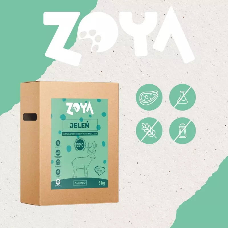 Trockenhundefutter ZOYA ColdPRO Hirsch 3 kg — ausgewachsene Hunde, Monoprotein-Hirschrezeptur, 26 % Protein, 9,5 % Fett
