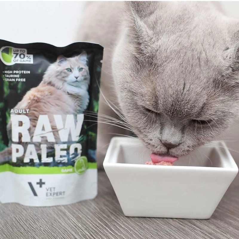 Nassfutter für Katzen VETEXPERT RAW PALEO Adult Hirsch 100 g — getreidefreies Einzelportionsbeutel