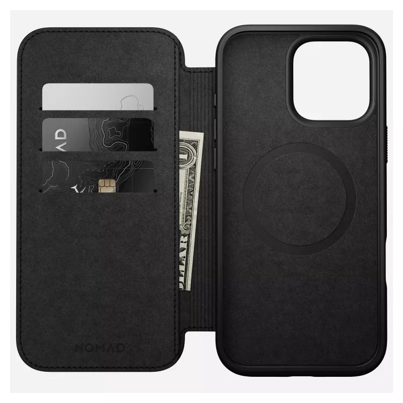 Folio-Handyhülle Nomad NM01675785 für Apple-Handys, passend für bis zu 17,5 cm (6,9 Zoll), Schwarz, 3 Kartenfächer, Tischaufsteller