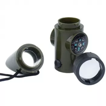 Multifunktionale Survival-Pfeife Mil-Tec SP.22073 — 6-in-1 oliv, Kompass, Thermometer, Spiegel, Lupe, Licht, 100×35×30 mm