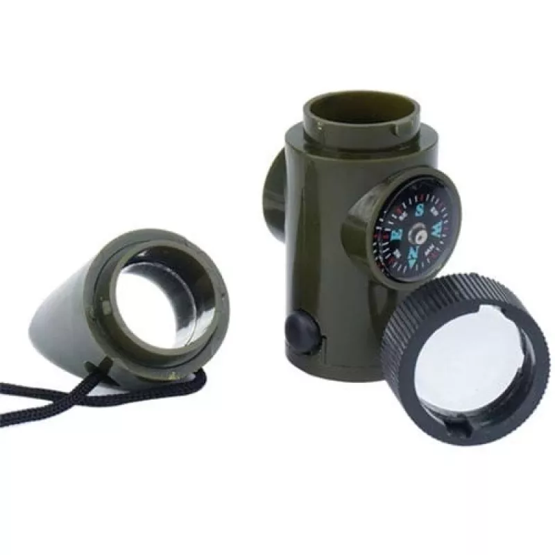 Multifunktionale Survival-Pfeife Mil-Tec SP.22073 — 6-in-1 oliv, Kompass, Thermometer, Spiegel, Lupe, Licht, 100×35×30 mm