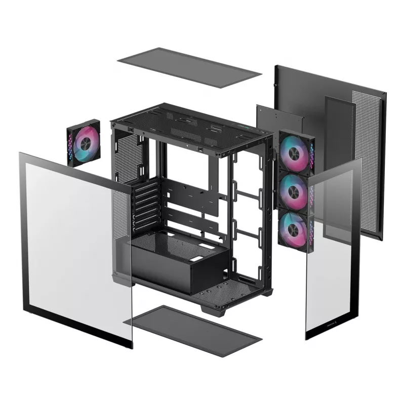 PC-Gehäuse DeepCool CG580 4F Midi Tower — ATX/ITX/MicroATX, gehärtetes Glas, 3×120mm+1×120mm Lüfter, 2×3,5 Zoll & 2×2,5 Zoll, USB-A×2 USB-C×1, schwarz