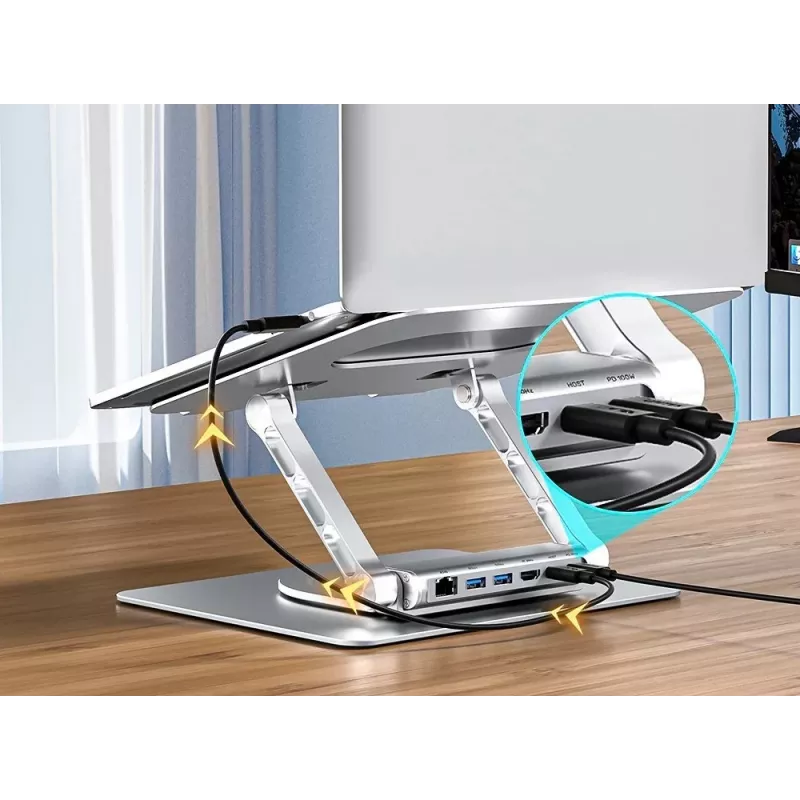 Laptopständer Unitek D1109B01 — verstellbarer Aluminiumständer mit abnehmbarem USB‑C HDMI 4K PD 100W, 2x USB‑A, RJ‑45, für bis zu 17 Zoll