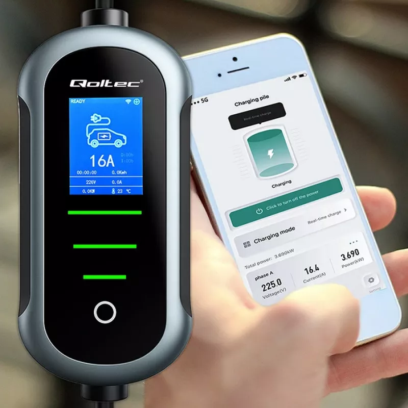 Elektroauto-Ladegerät QOLTEC Mobile EV 2in1 Type2 11 kW 400 V Wi‑Fi TUYA SMART LIFE LCD tragbare Wallbox 5 m Kabel