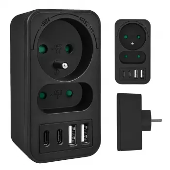 Power Splitter MACLEAN MCE249 F/B – 2 AC-Steckdosen (16A + 6A) mit 2×USB-A und 2×USB-C PD 20W, EU-Stecker, schwarz