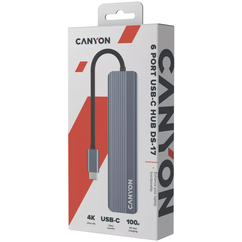 USB-Typ-C-Hub CANYON DS-17 — HDMI, USB 3.2 Gen 1 A, USB-C, MicroSD, 10000 Mbit/s, grau