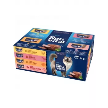 OptiVital mini Dose - Multibox für erwachsene Katzen mit Geschmack Rind, Huhn, Pute, Lachs 12x85g