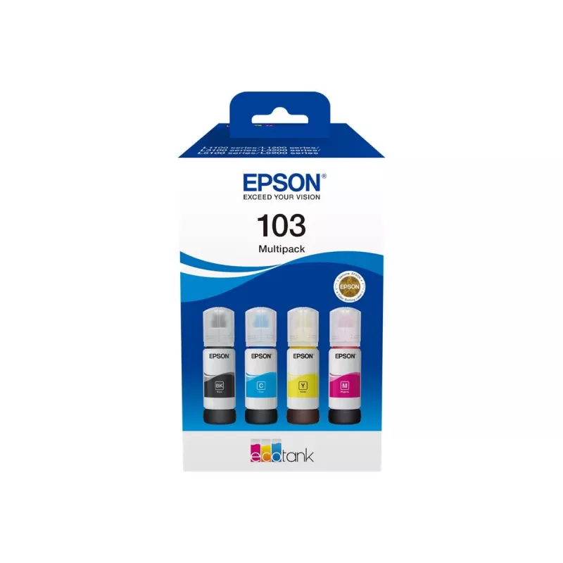 Tintenpatronen-Set Epson EcoTank 103 — Original 4-Farben-Set (Schwarz, Cyan, Magenta, Gelb), Schwarz 4500 S., Farbe 7500 S.