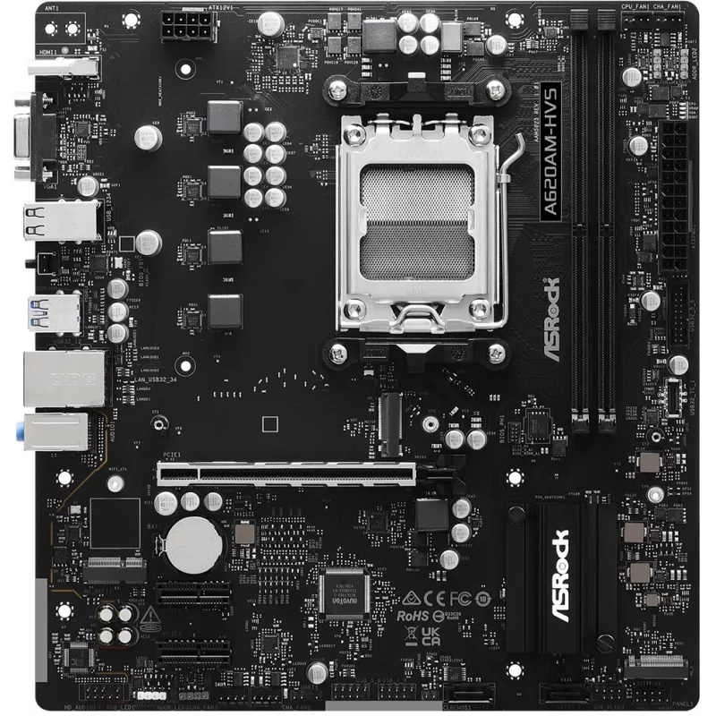 Motherboard ASRock A620AM-HVS Micro ATX — AMD A620A-Chipsatz, Sockel AM5, DDR5, 2 DIMM, bis zu 128 GB, HDMI 2.1, M.2 2280