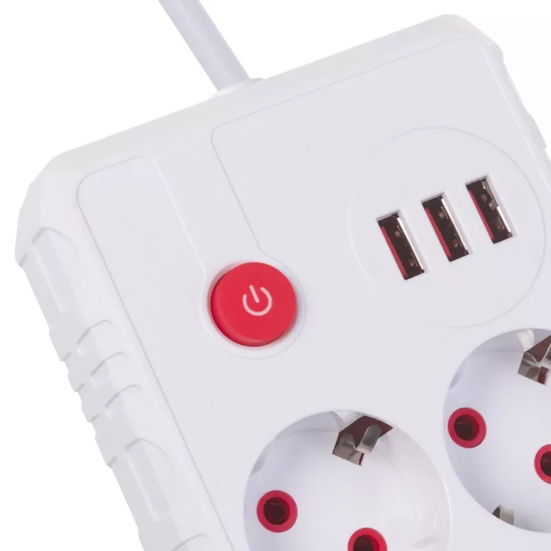 Steckdosenleiste MACLEAN MCE388 W – 2 Steckdosen, 3×USB, 110–240V, 2500W, 3 m Kabel, weiß